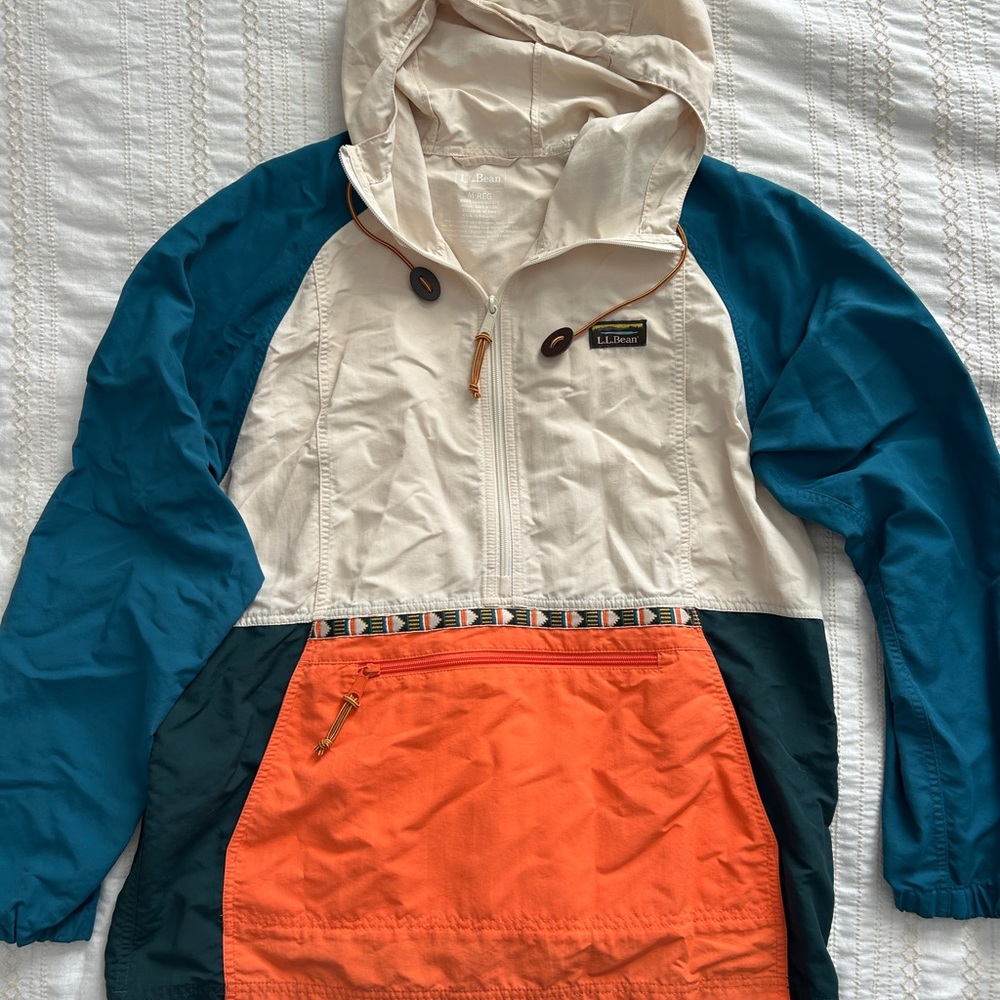 L.L. Bean Mens Colorblock Hooded Rain Anorak - Cream, Teal & Orange